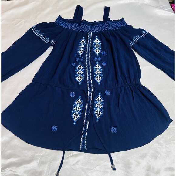 Neiman Marcus Embroidery Floral Peasant Cottagecore Boho Blue SZ M Long Sleeve - Picture 2 of 10